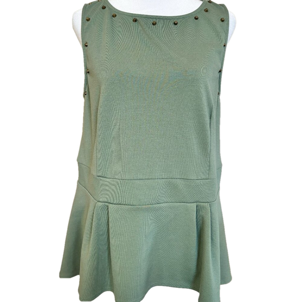 Mossino Green Sleeveless Top  scoop neck w/ Studs  & Ruffle Bottom size Med/Lrg